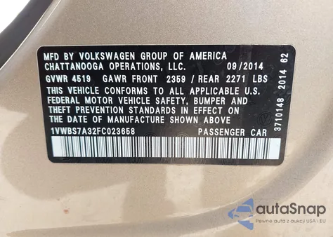 2015 Volkswagen Passat 1.8T Se из США, поврежденный, VIN 1VWBS7A32FC023658